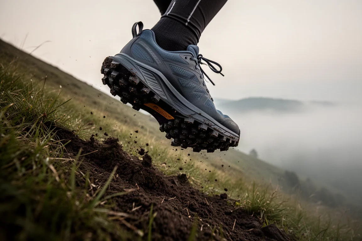 Trailrunning-Schuh an einem steilen Grashang mit tiefen Stollen, die im Boden greifen