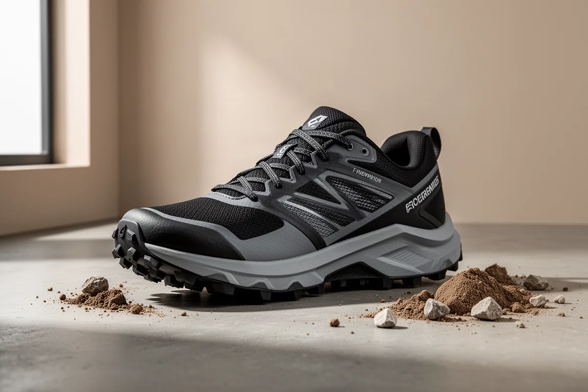 Norda 001 trail running shoe at a three-quarter angle on a concrete surface
