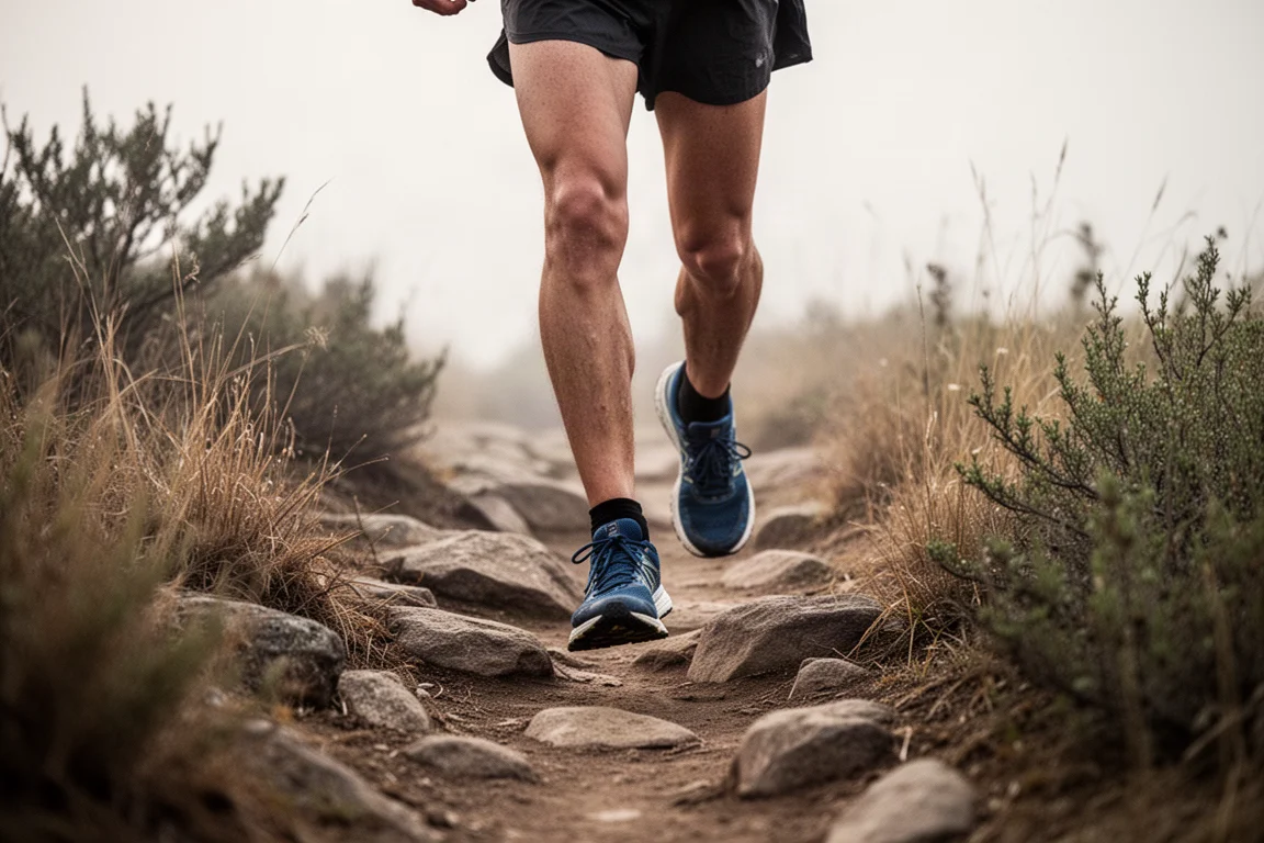 Trailrunner bewegt sich bei weichem Licht über steiniges Singletrack-Gelände