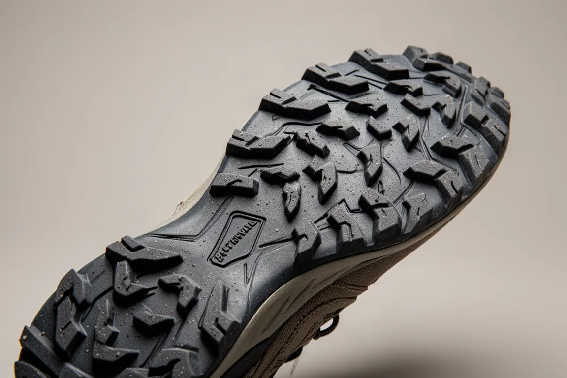 Robuste Stollenaußensohle eines Trailschuhs in scharfer Detailaufnahme