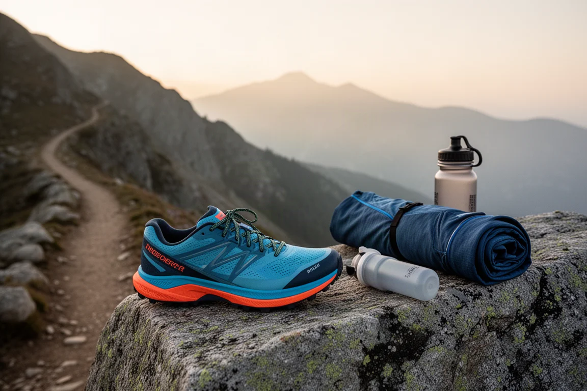 Einzelner Trailschuh in der Dämmerung auf einem Trail neben Laufausrüstung