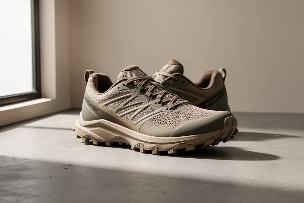Scarpa da trail running Norda 001A su una superficie di cemento opaco