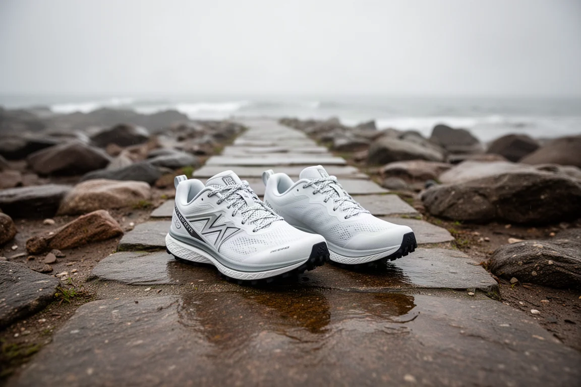 White trail running shoes resting on a wet coastal trail under grey skies