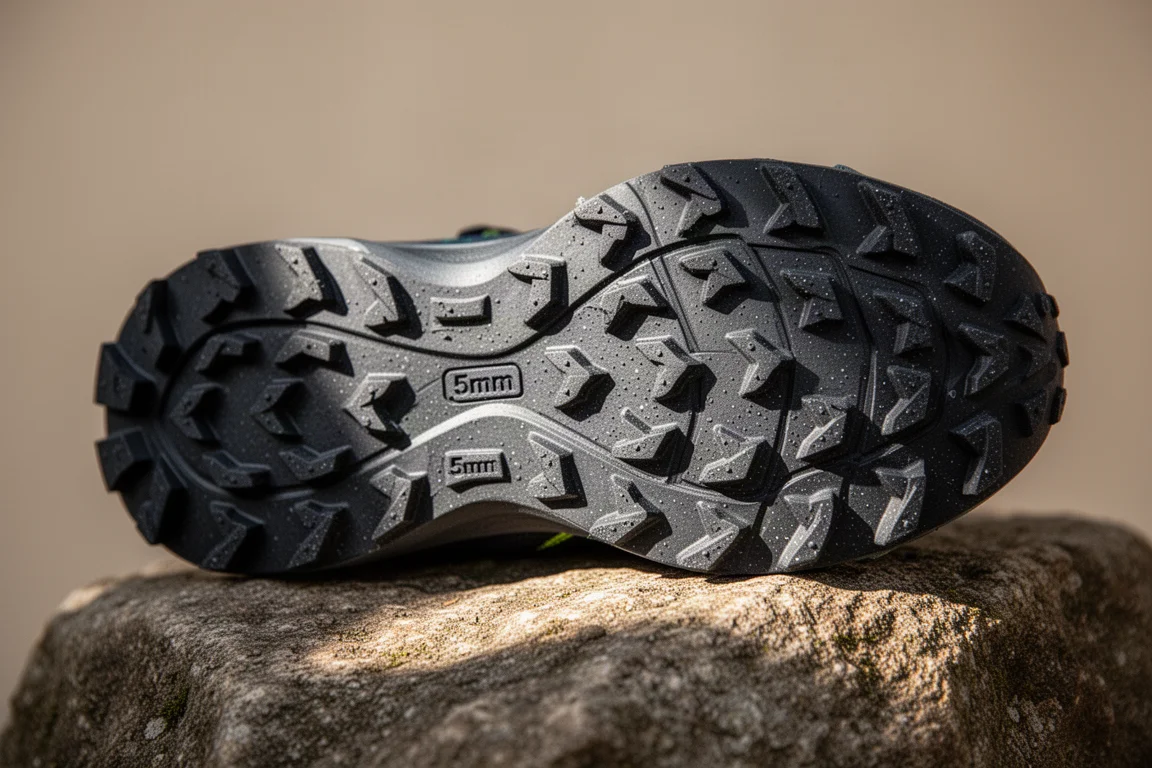 Close-up of a multi-directional lug pattern on a trail shoe outsole
