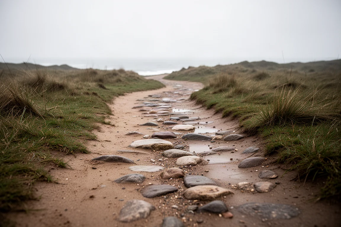 Trail runner's view of a sandy and stony singletrack path on an overcast day
