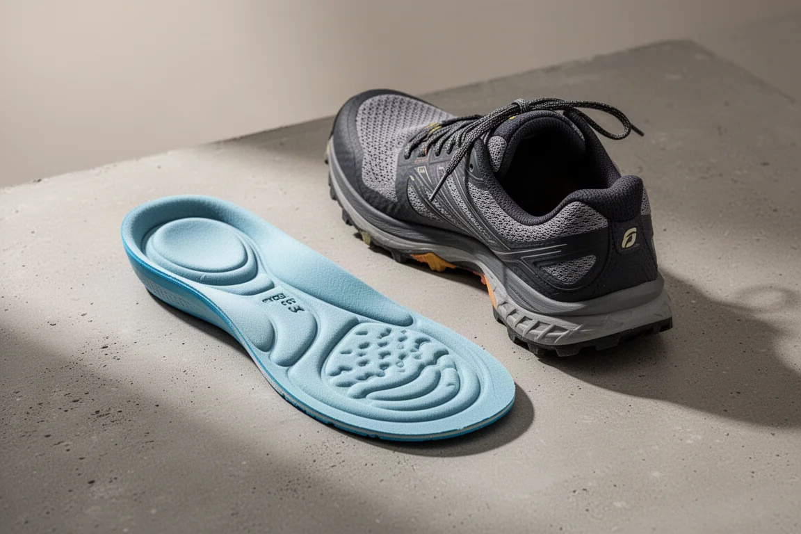 Cushioned insole laid on a concrete surface next to a trail shoe