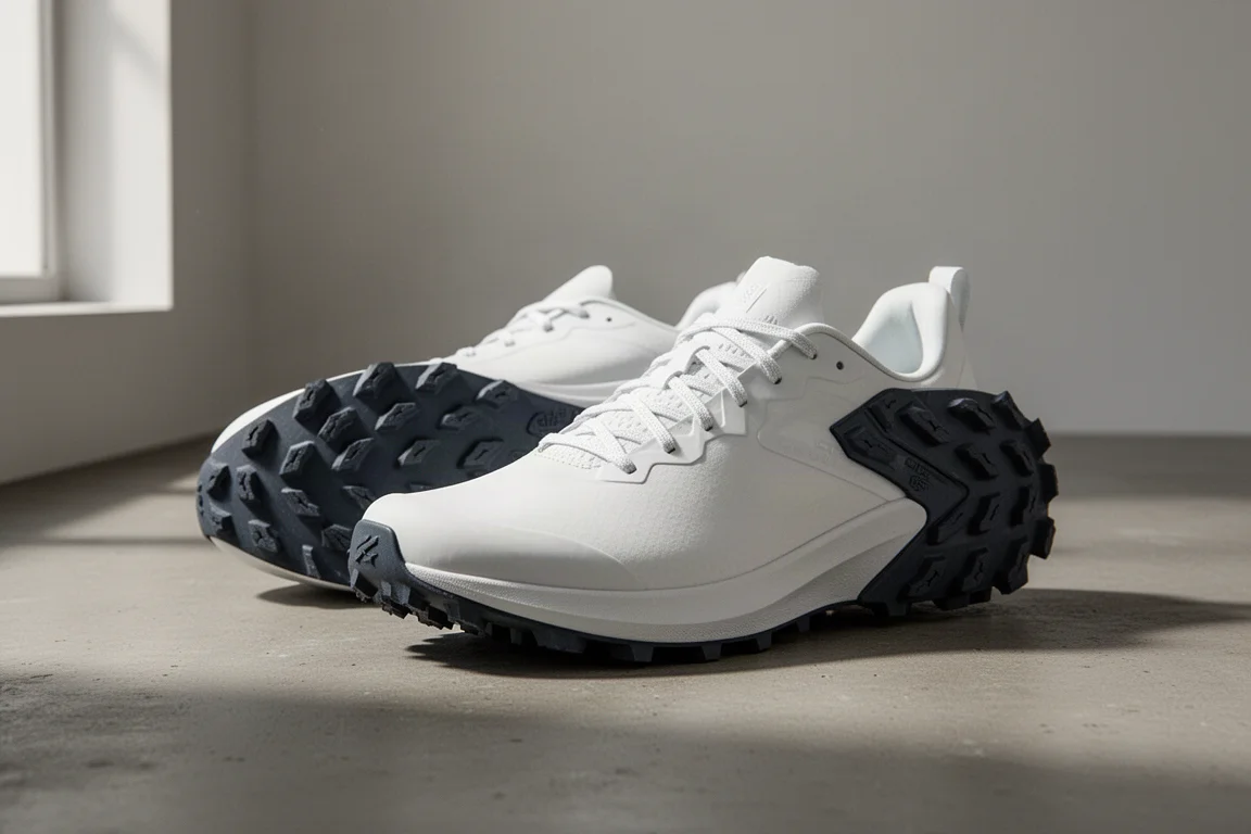 Coppia di scarpe da trail running premium bianche su una superficie di cemento opaco