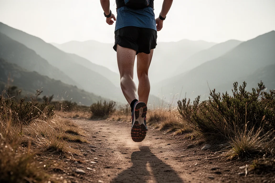 Trailrunner auf einem festen Bergweg mit einem weit geöffneten Tal im Hintergrund