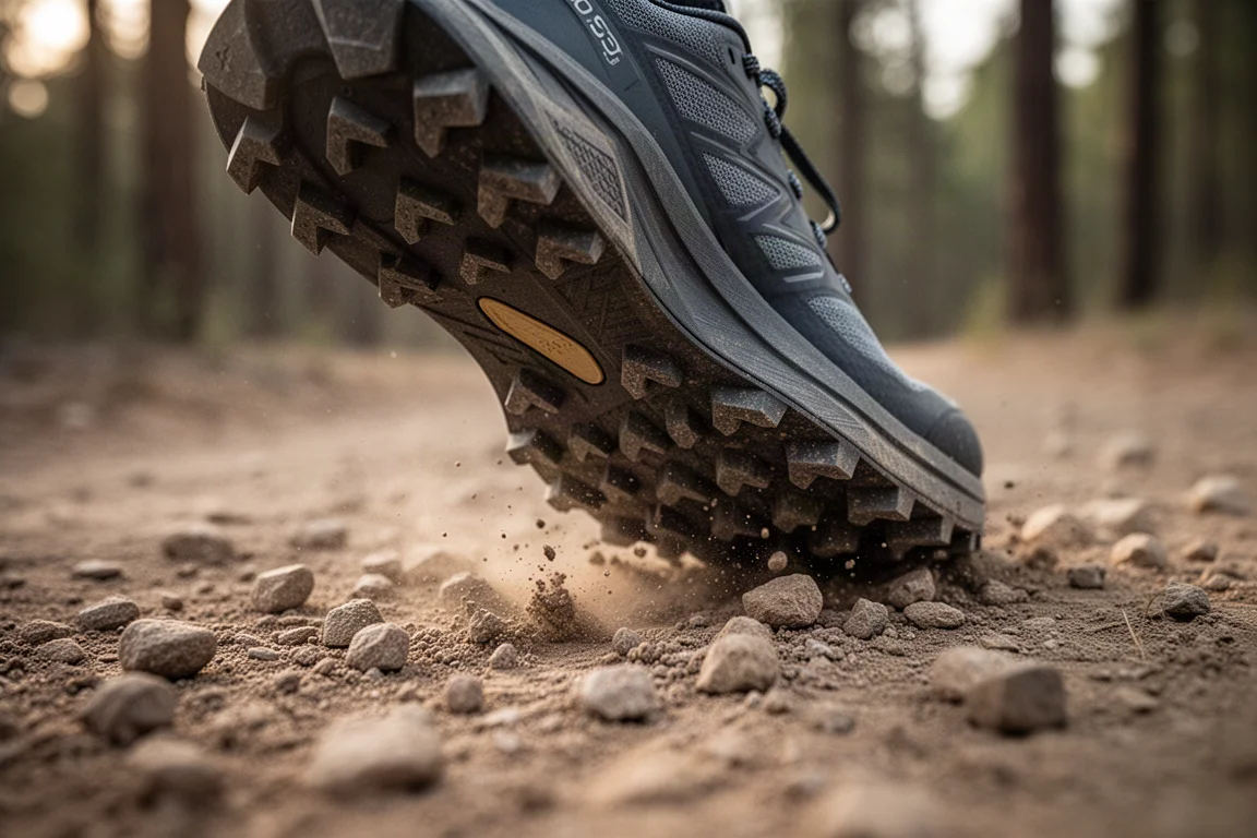 Nahaufnahme einer Trailrunning-Schuhzwischensohle und -Profilaufsatzsohle auf Kies