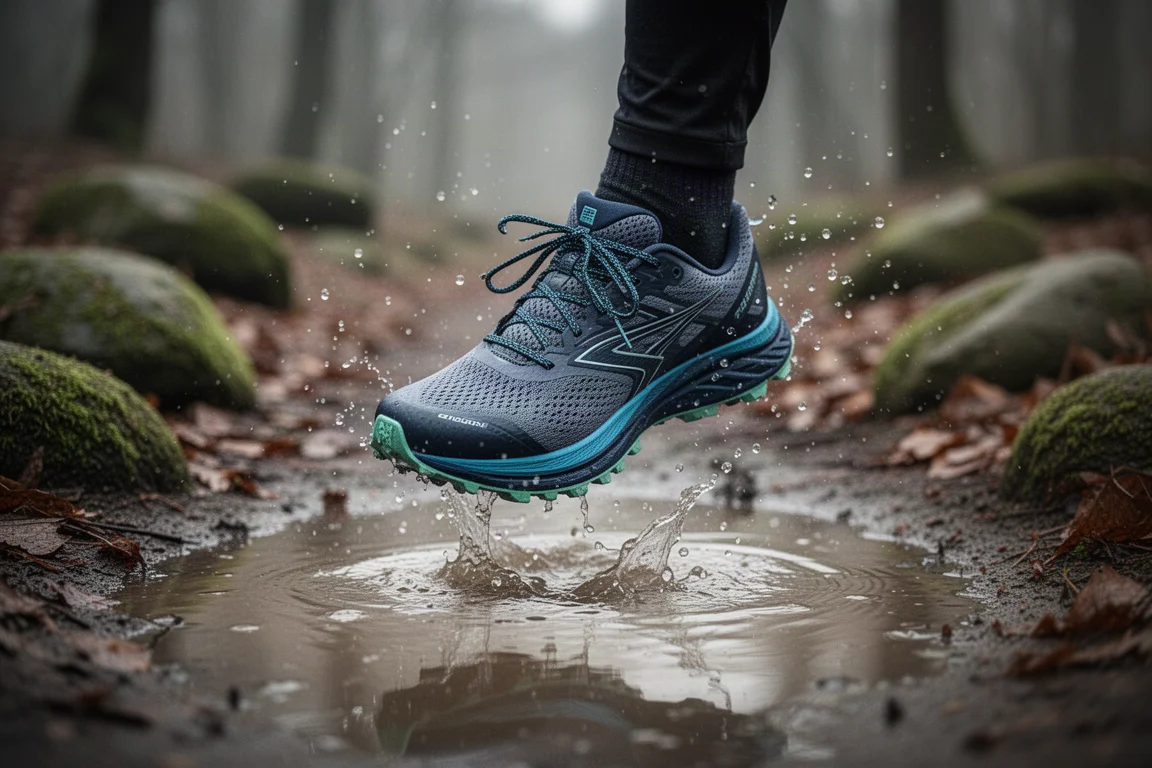 Trailrunning-Schuh tritt in eine flache Pfütze auf einem Waldweg