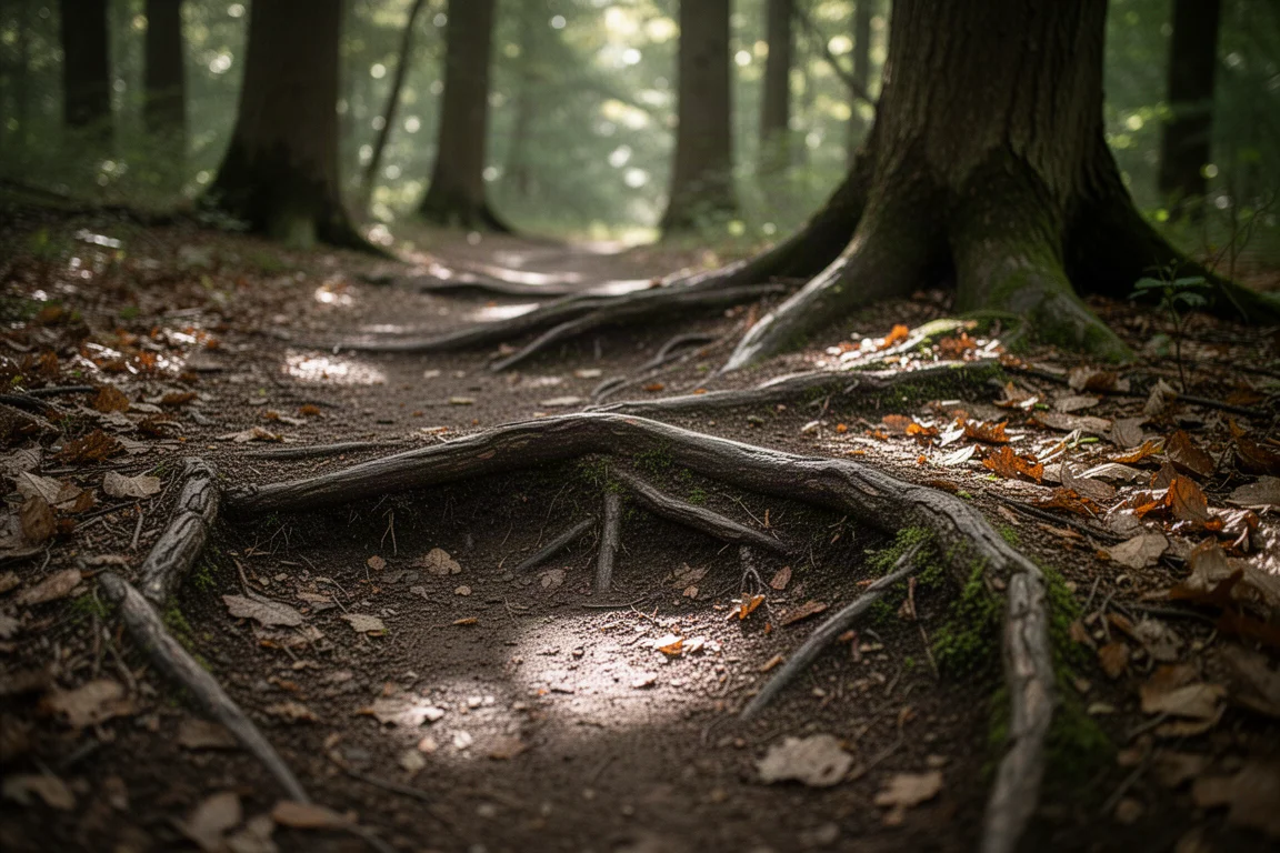 技術型越野路面的特寫,露出樹根與濕潤泥土