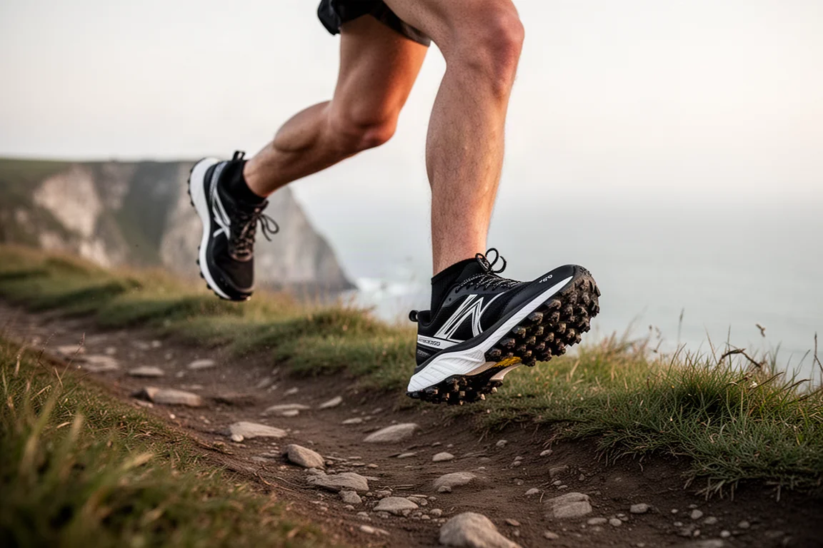 Pieds d'un traileur en chaussures de trail noires et blanches sur un sentier côtier surplombant la mer