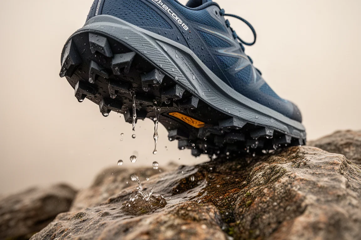 Chaussures de trail séchant à l'extérieur après un violent orage sur la côte