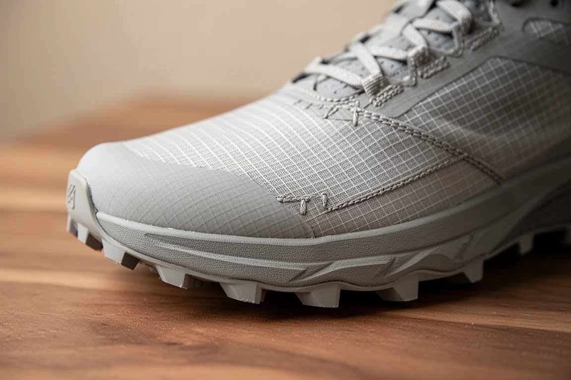 Gros plan sur une semelle extérieure de chaussure de trail robuste avec des crampons profonds sur roche mouillée