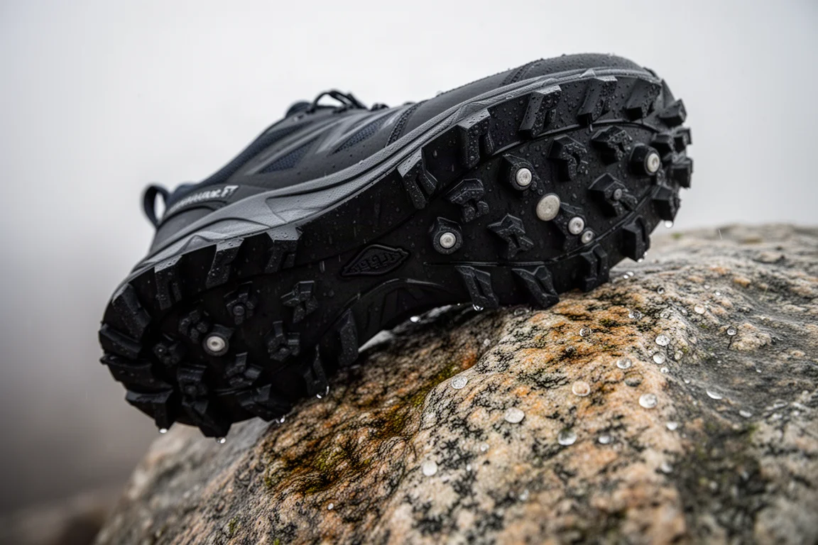 Matière durable de la tige d'une chaussure de trail en gros plan montrant la texture ripstop tissée