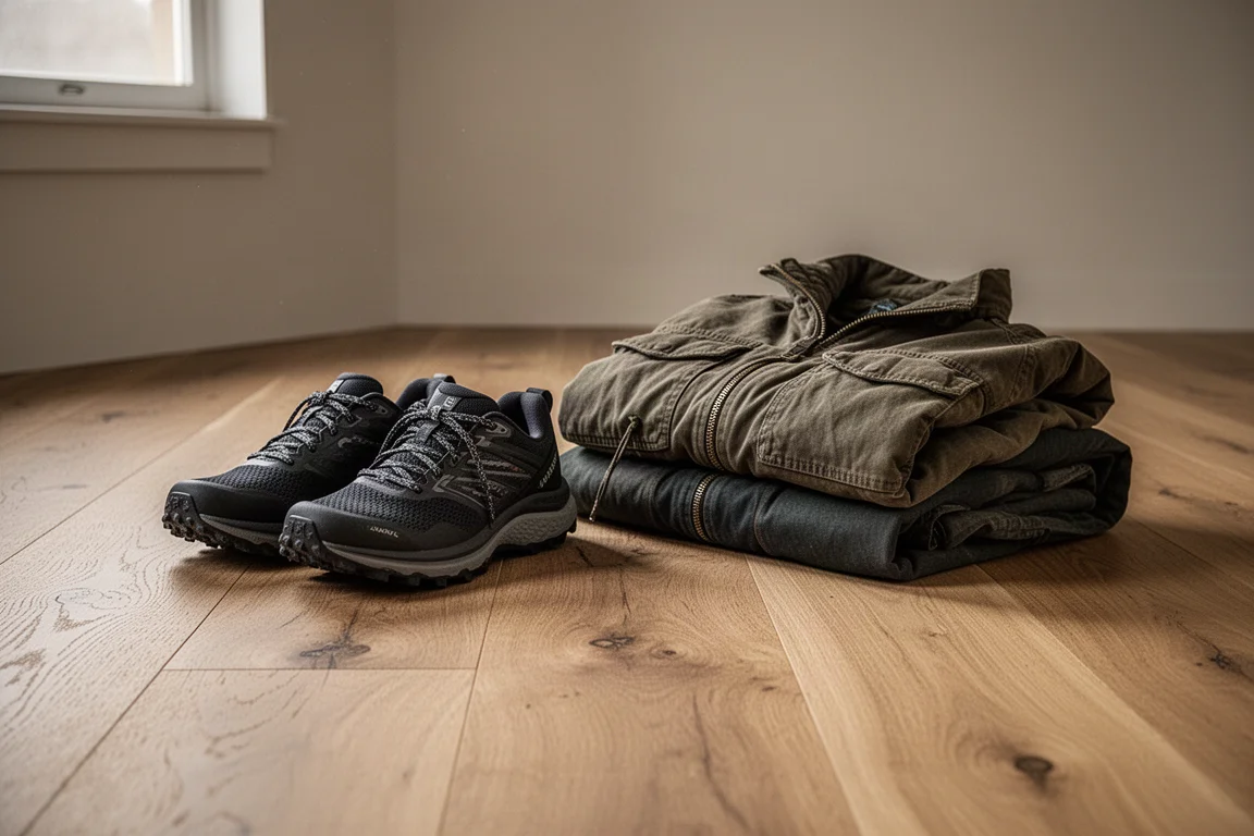 Paire de chaussures de trail posées avec style sur un parquet en bois à côté d'une veste