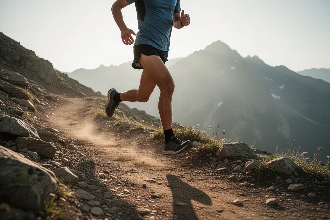 Trail runner veloce su un sentiero di montagna roccioso con luce morbida