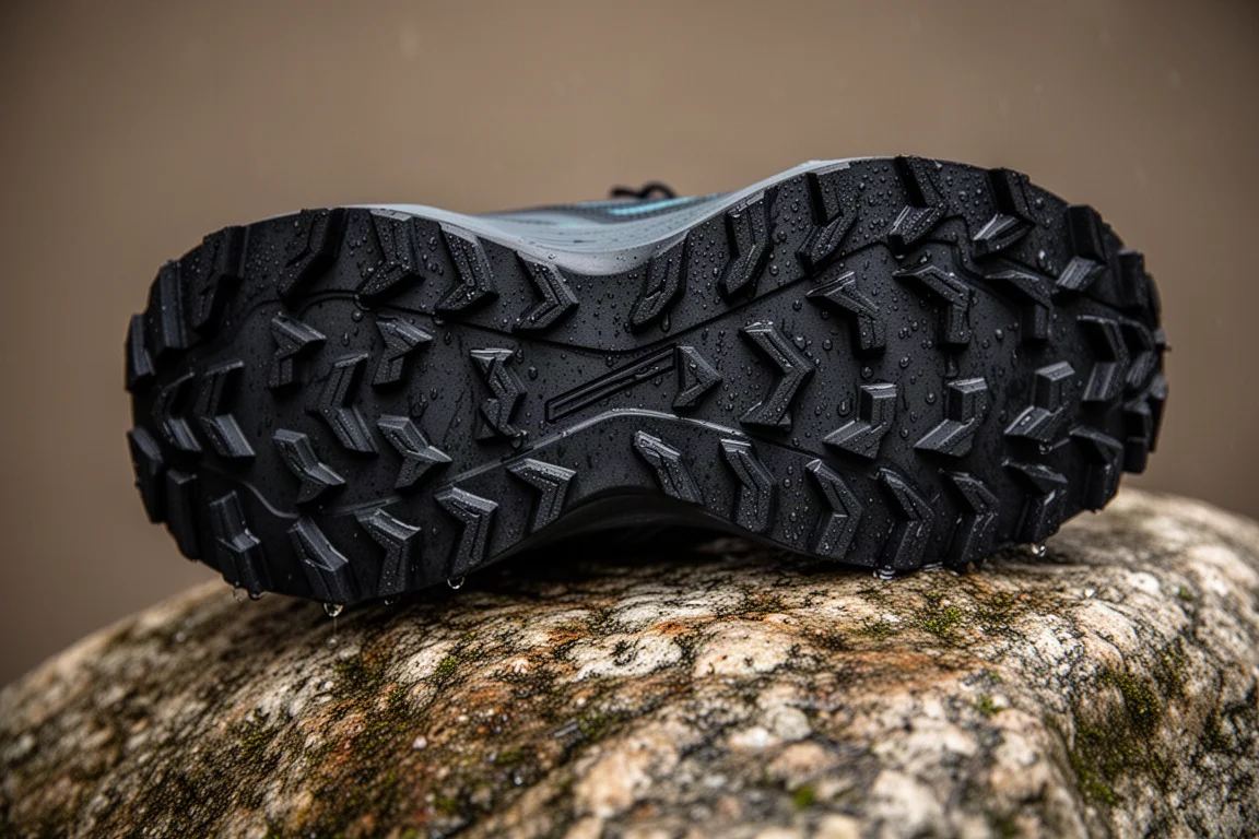 Primo piano della suola tassellata aggressiva di una scarpa da trail su roccia bagnata