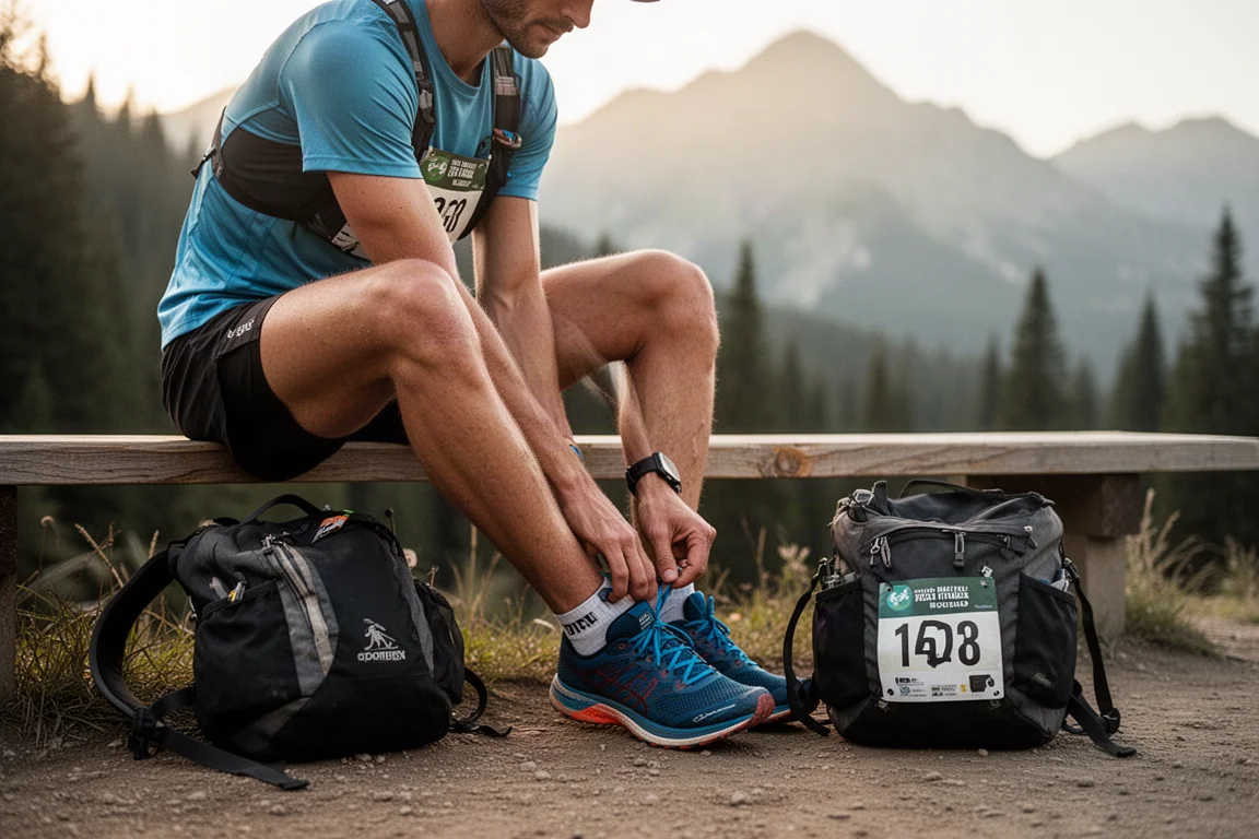 Runner che si allunga e recupera su una panchina al sentiero dopo una gara