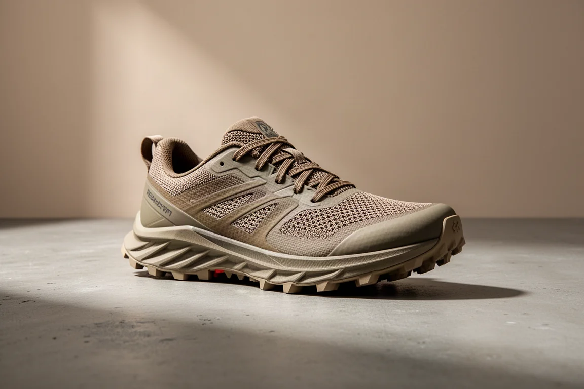 Norda 005 race day trail shoe in three-quarter view on concrete