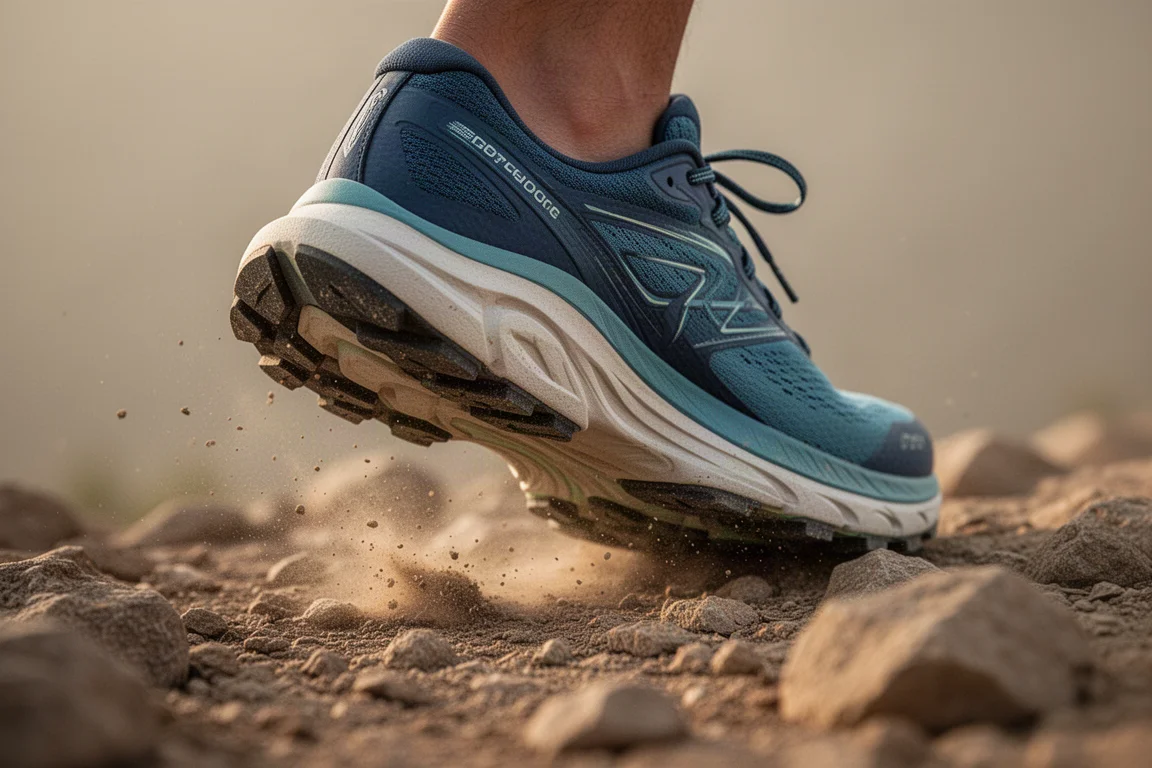 Compression de la semelle intermédiaire d'une chaussure de trail sur descente rocheuse technique