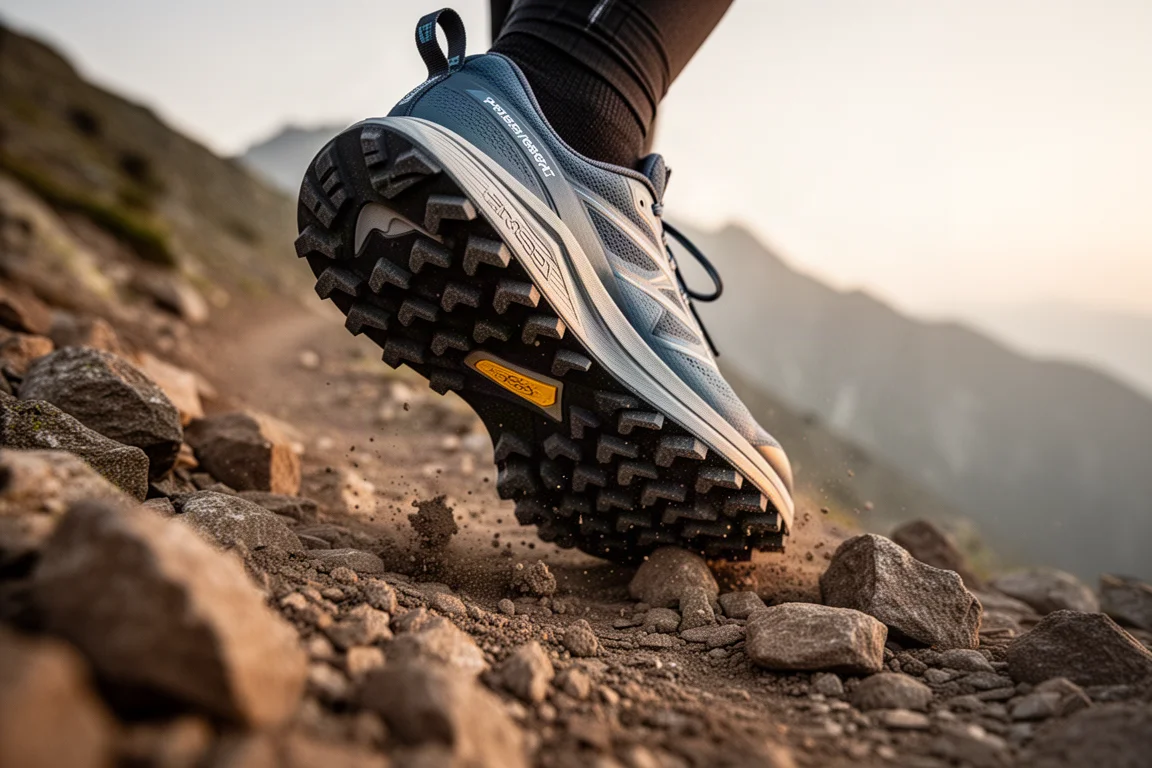 Crampons de semelle de chaussure de trail adhérant à la roche mouillée près d'un lac de montagne