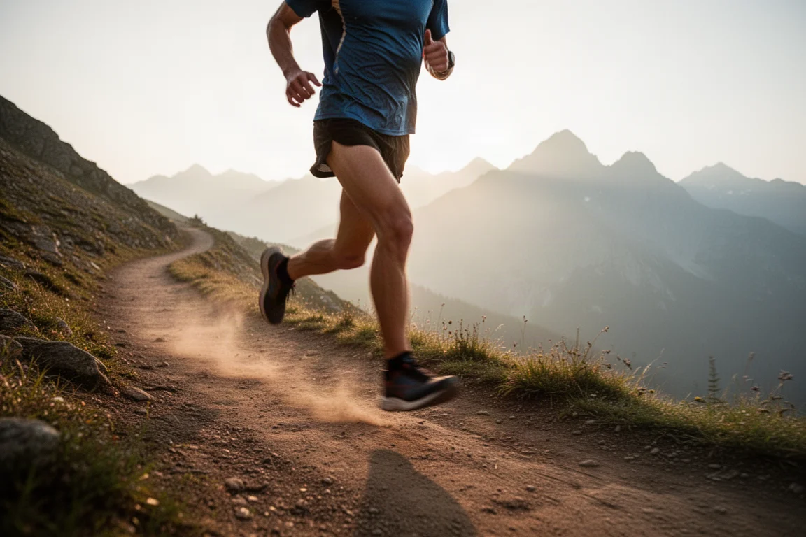 Trail runner moving along a smooth mountain trail in early morning light