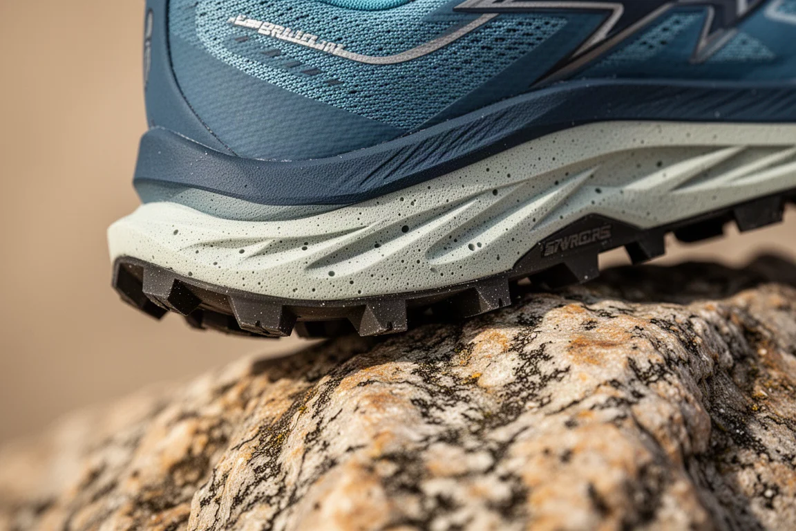 Close-up of a trail shoe midsole compressing on rocky terrain