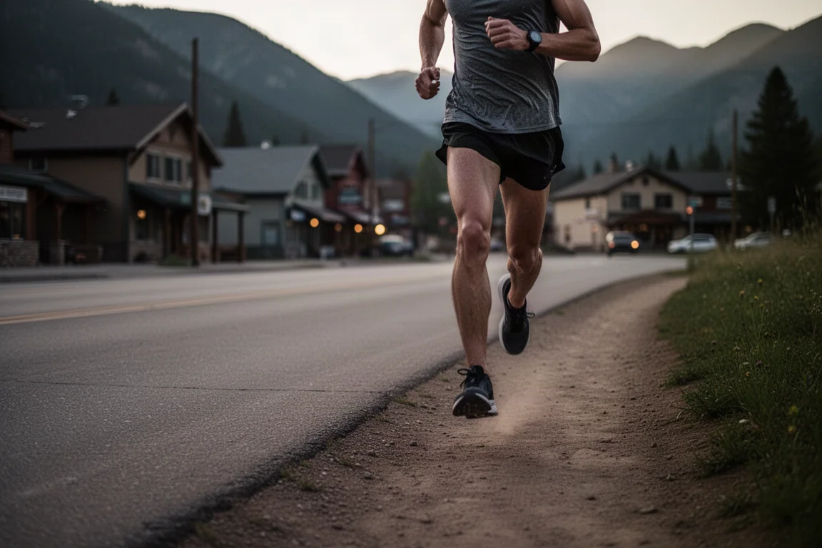 Runner navigating a mixed road and dirt path at the edge of town