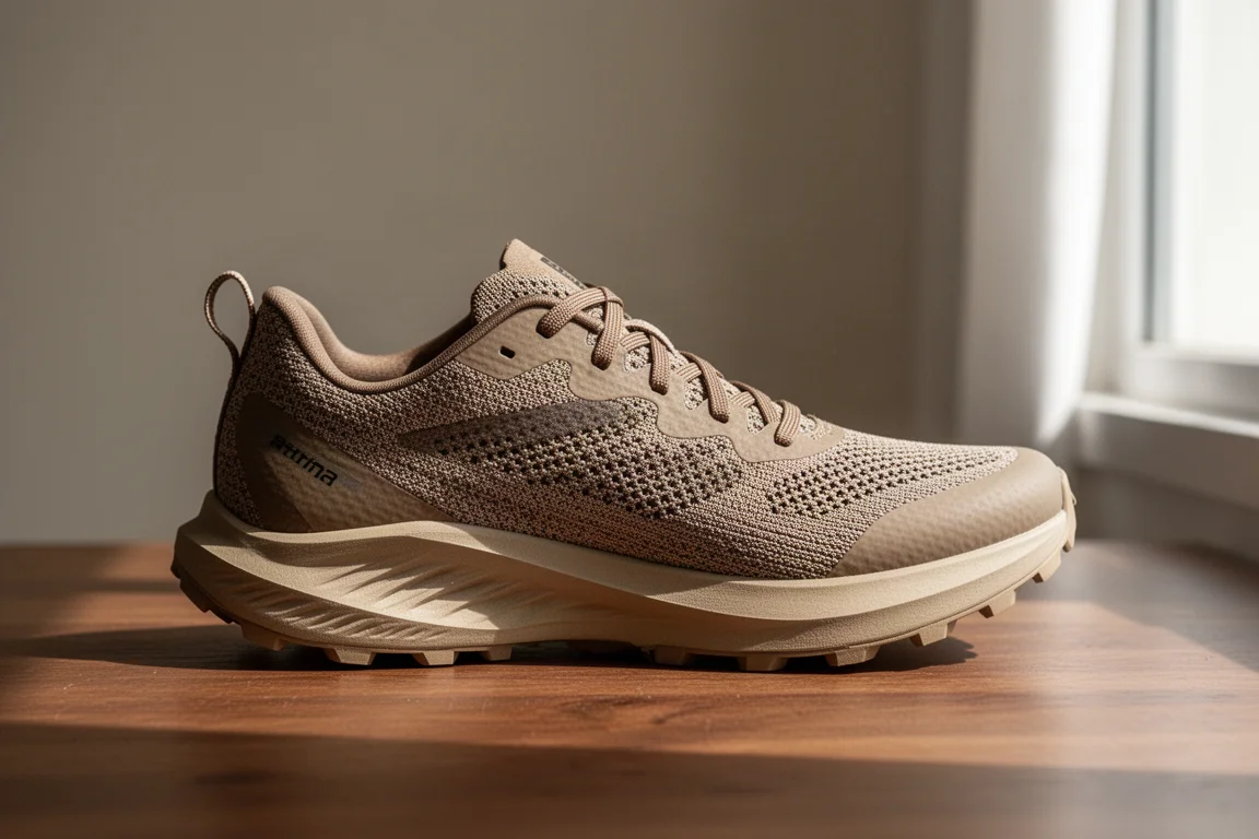 Single lightweight trail shoe resting on a neutral studio surface
