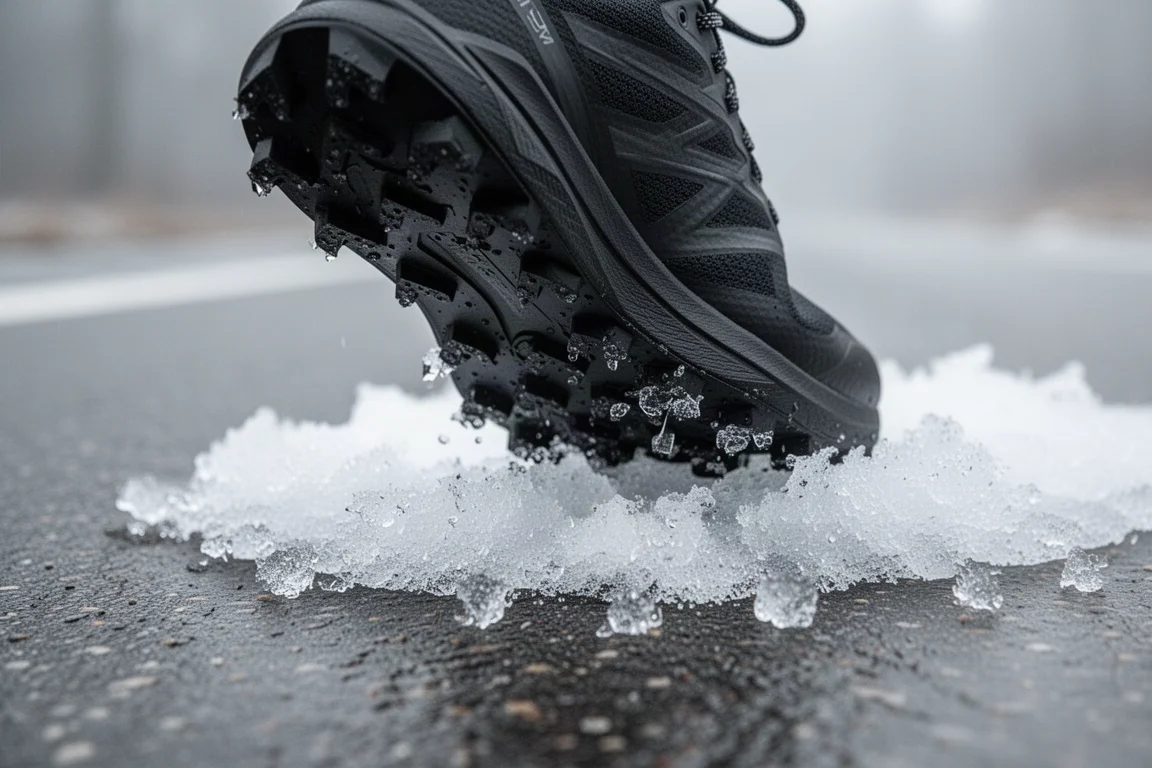Trailrunningschuh-Stollen drücken sich in matschigen Eis auf einer kalten Straße
