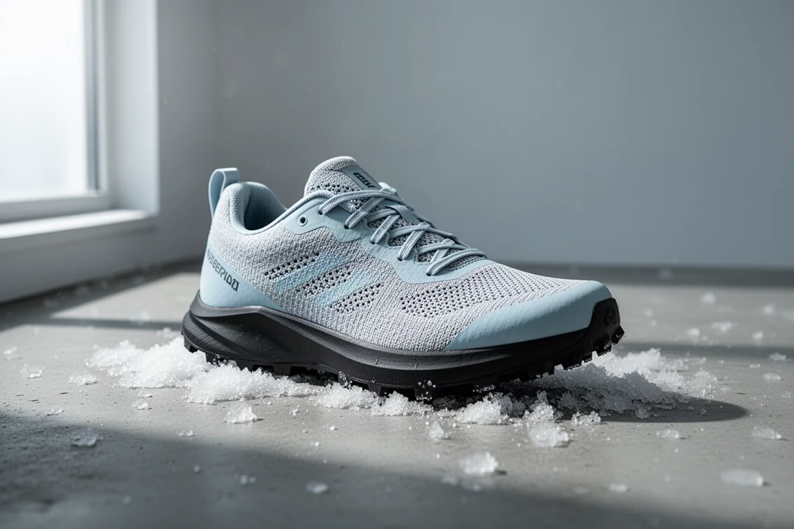 Scarpa da trail running Norda 005 su superficie di cemento slavatoso