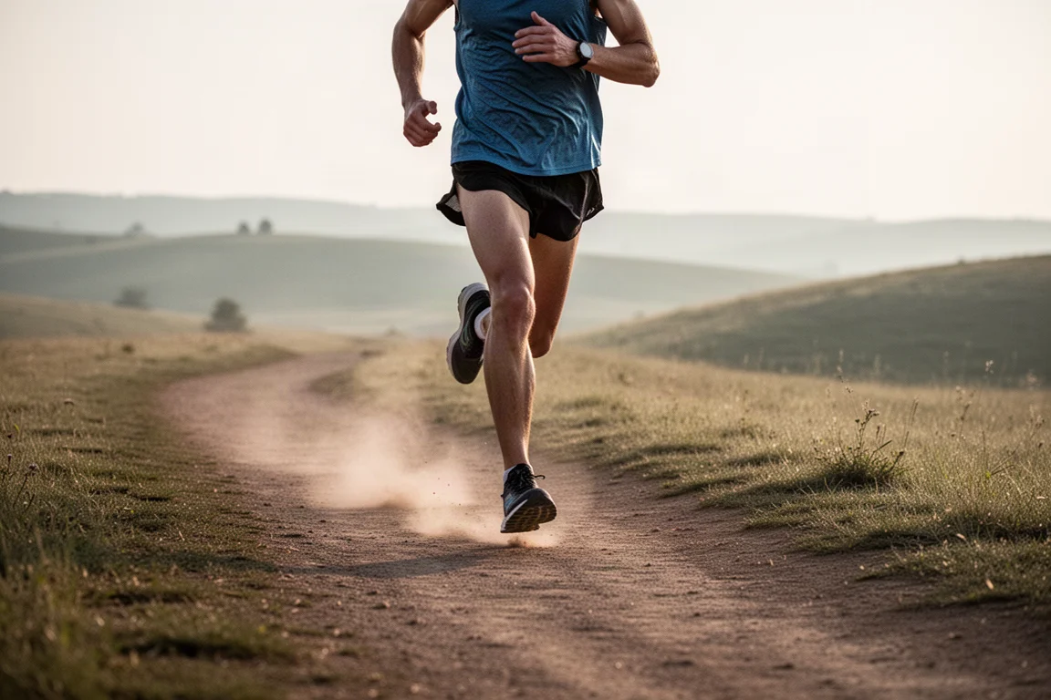 Trailrunner bewegt sich zügig auf einem glatten Schotterweg im sanften Morgenlicht