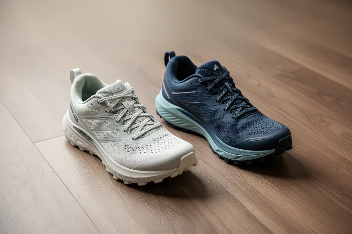 Zwei Trailrunningschuhe nebeneinander mit unterschiedlicher Passform und Dämpfungshöhe