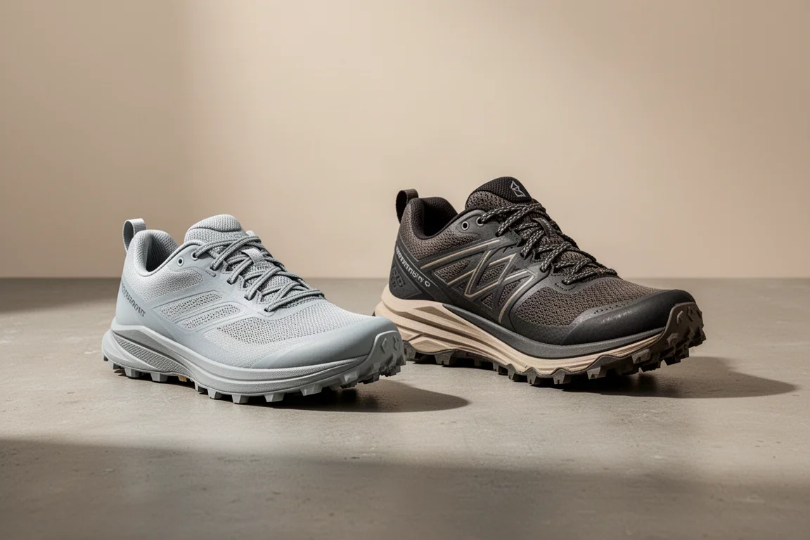 Due scarpe da trail running affiancate su una superficie di cemento