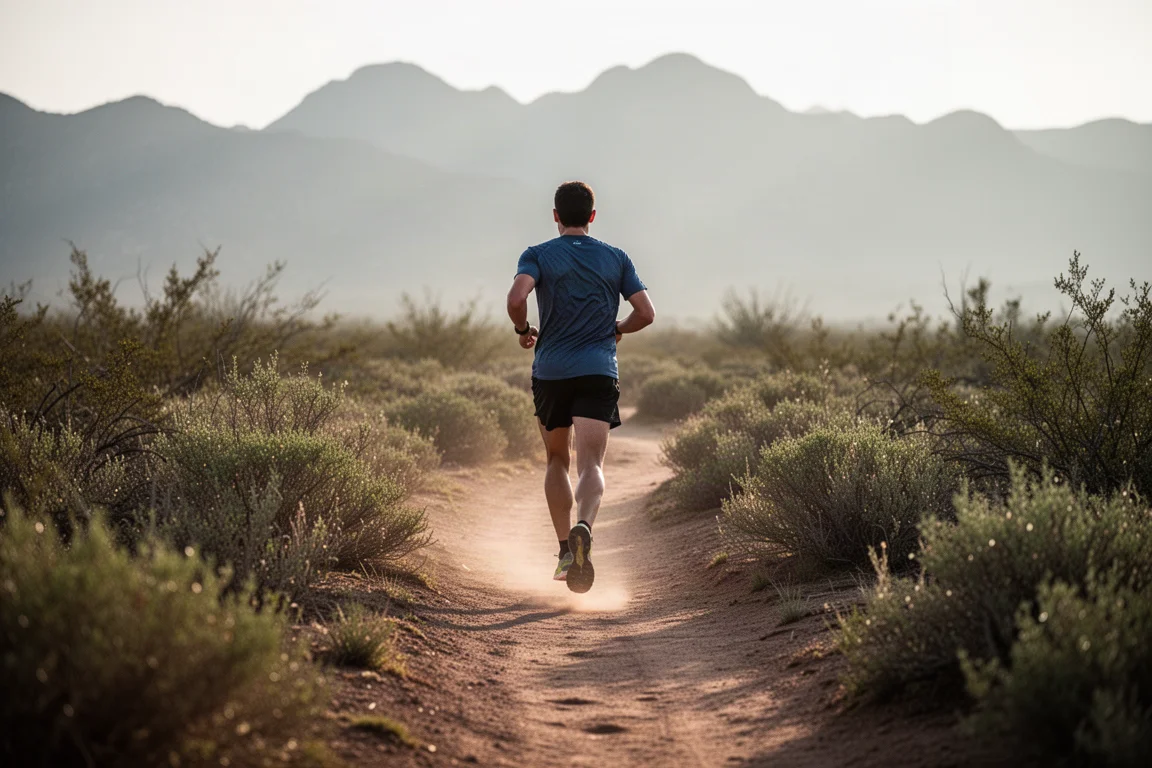 Trail runner moving along a dusty singletrack trail in soft morning light