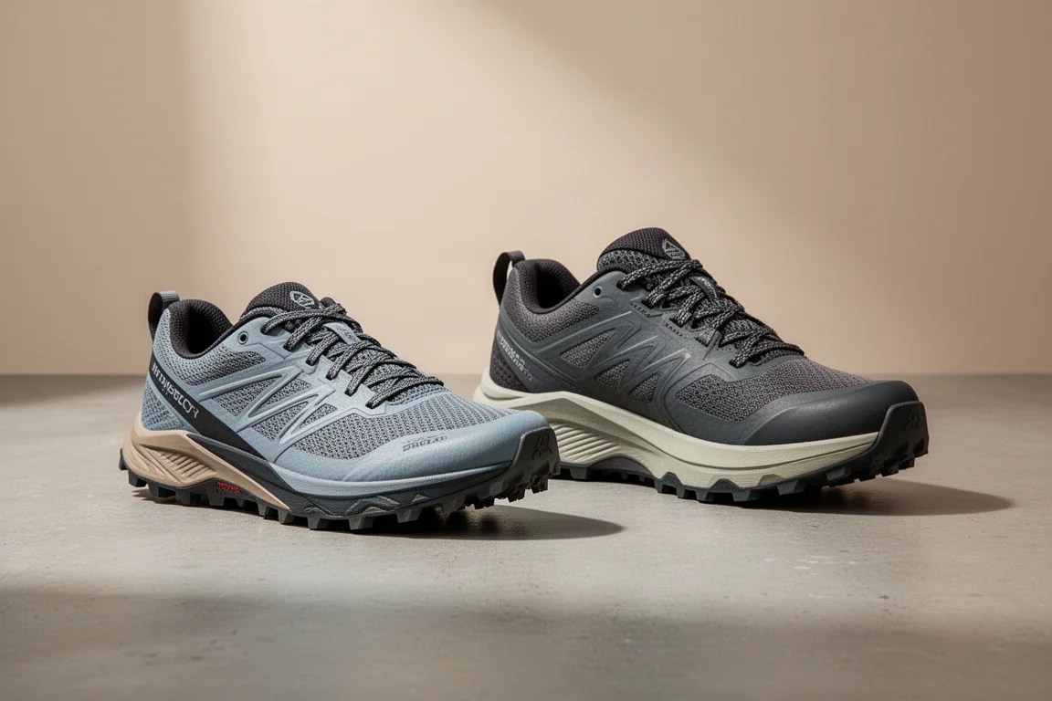 Due scarpe da trail running affiancate su una superficie di cemento opaco