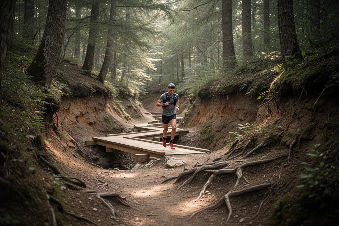 Corredor de trilha em um caminho de desfiladeiro arborizado com pontes de madeira e terreno variado
