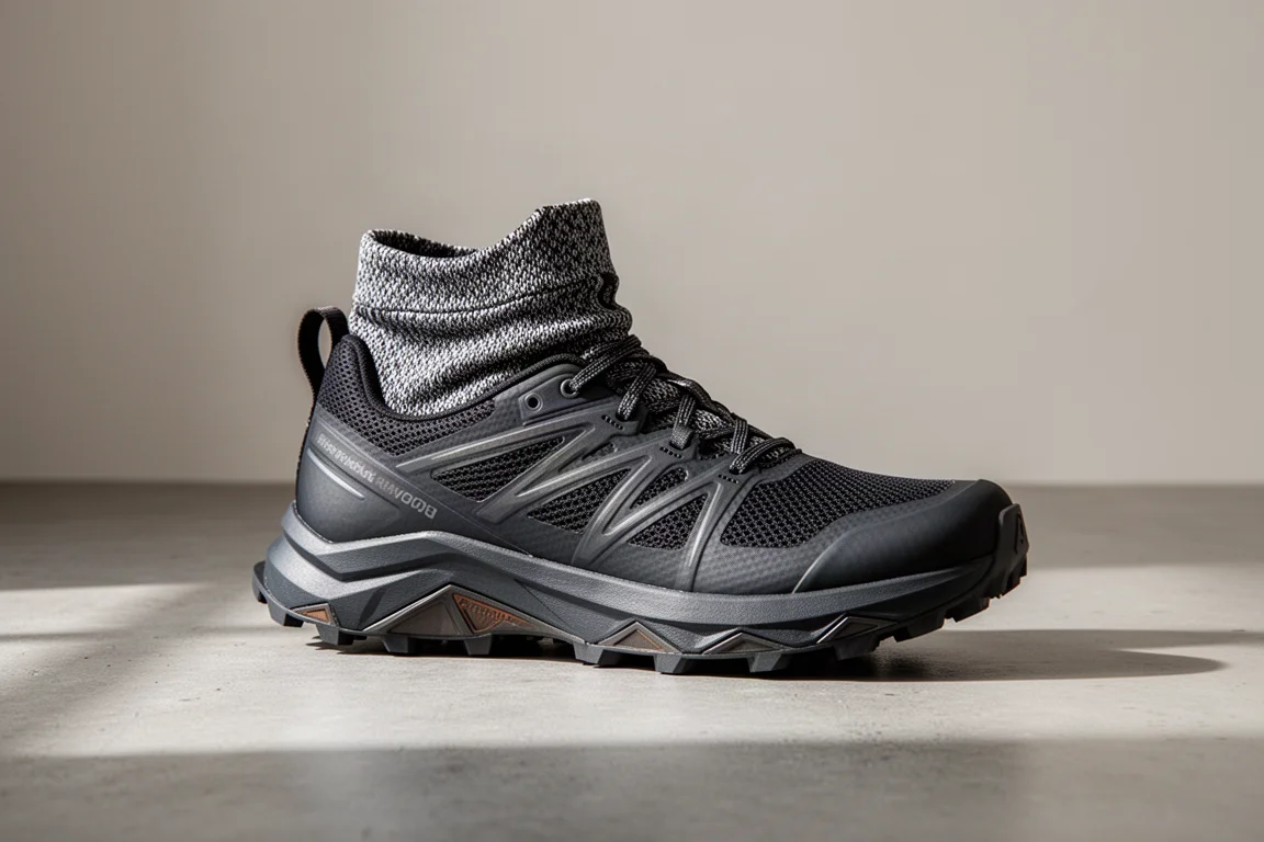 Scarpa da trail running Norda 055 con ghettura tessuta alla caviglia su una superficie di cemento grigio