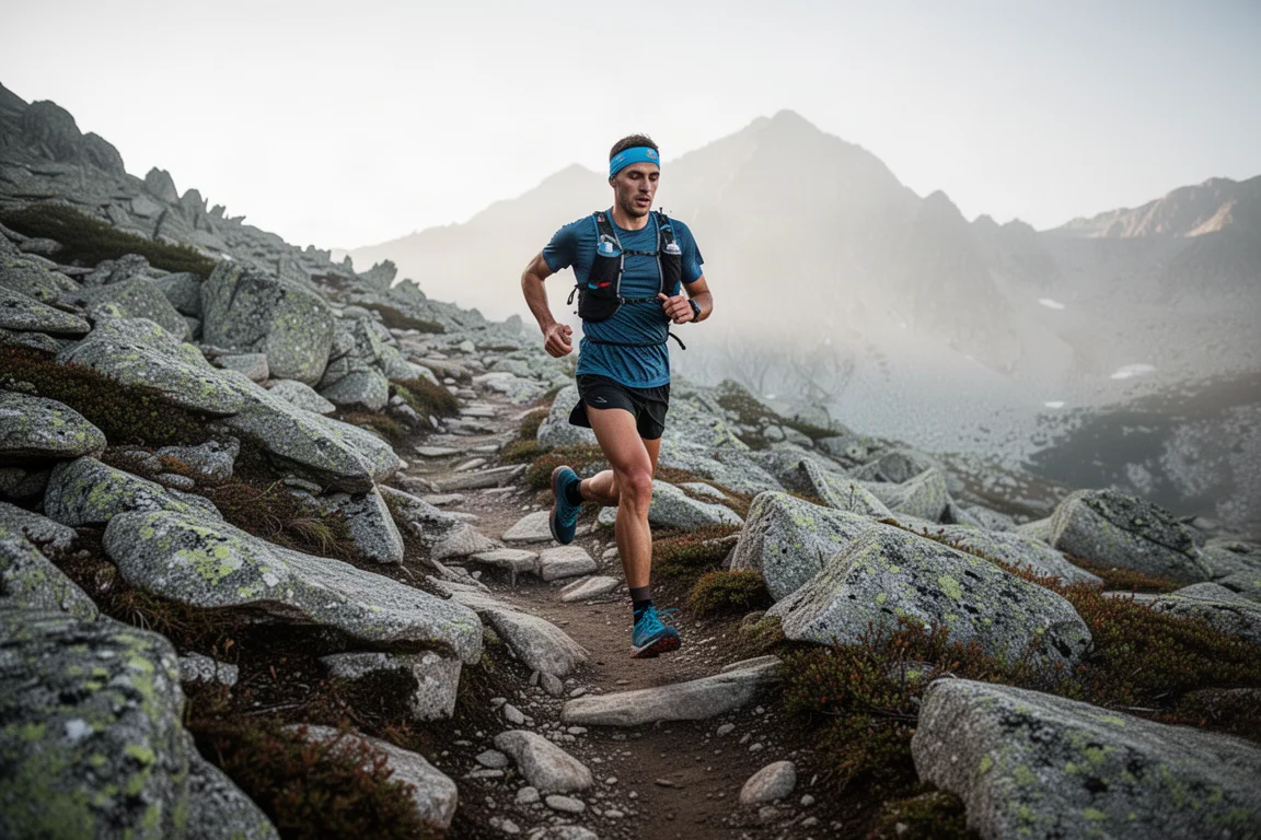 Trail runner moving over rocky alpine terrain in cool morning light