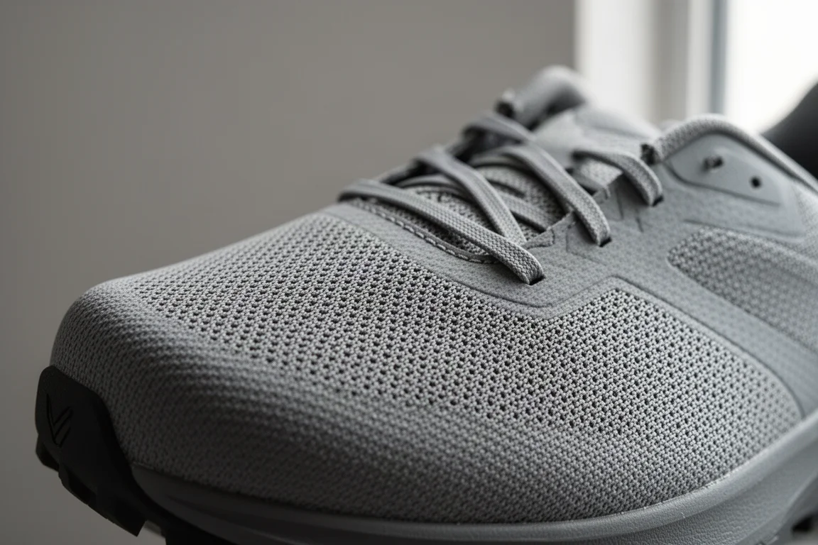 Close-up of a tightly woven Dyneema trail shoe upper showing seamless texture