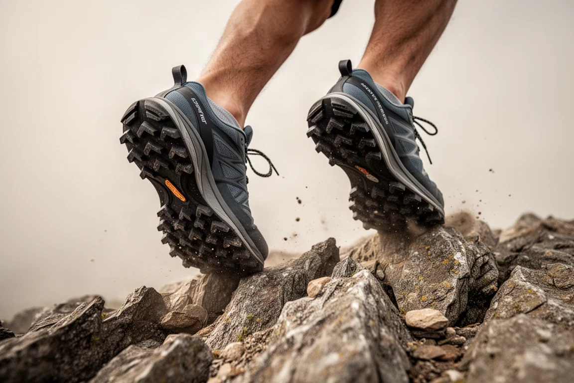 Runner's feet stepping across jagged rocky ground with deep-lugged trail shoes