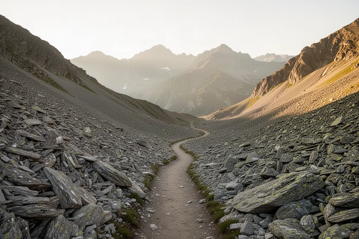 Alpine trail winding through rocky high-altitude terrain with distant peaks