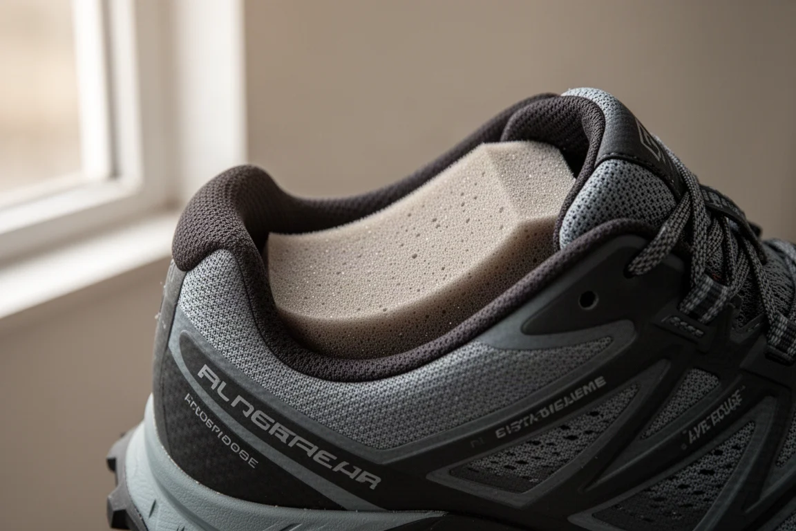 Gros plan sur une semelle intercalaire amovible being insérée dans une chaussure de trail