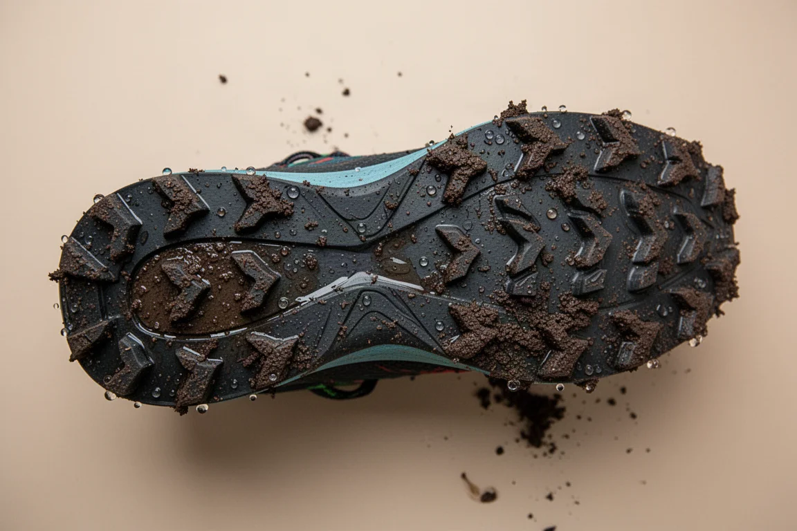 Semelle extérieure à crampons peu profonds d'une chaussure de trail adhérant à une surface boueuse