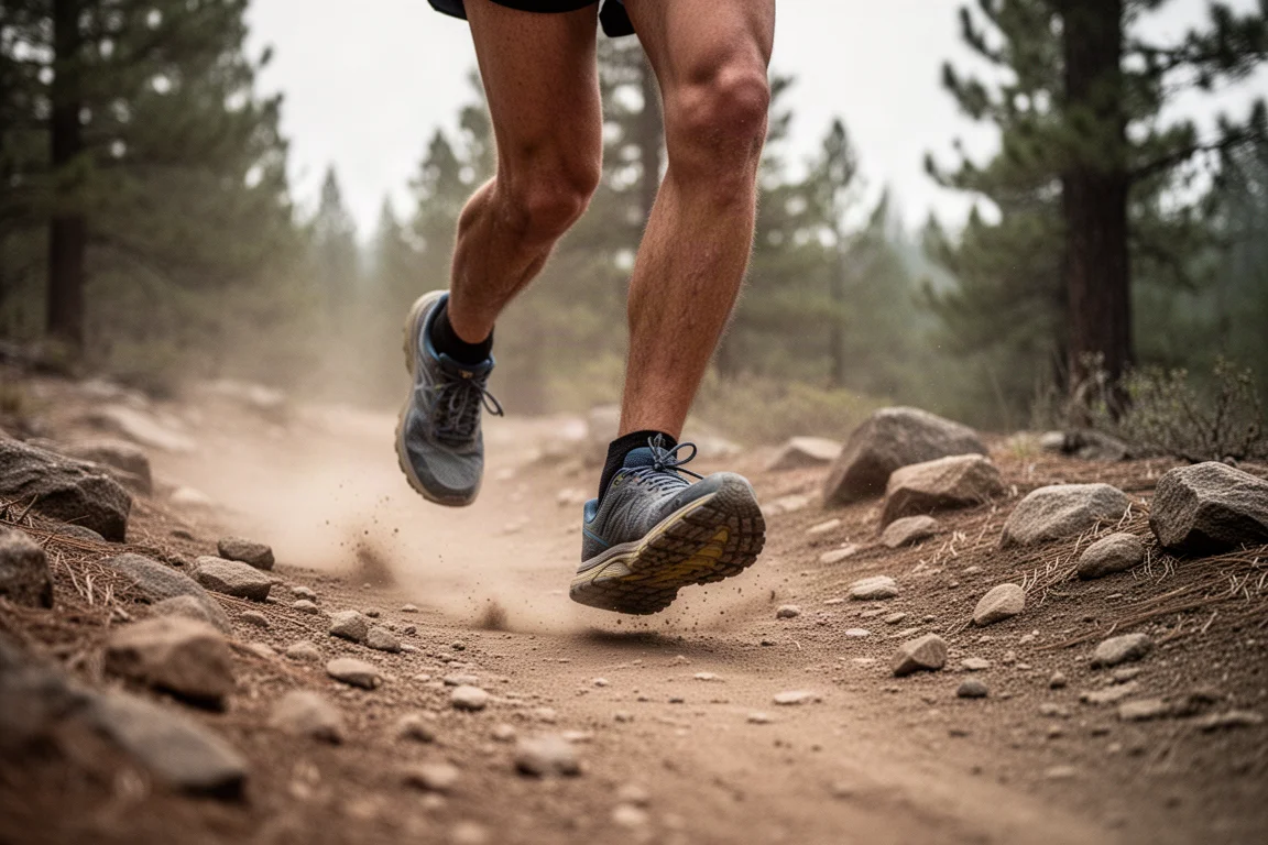 Trail runner crossing rocky terrain in soft daylight