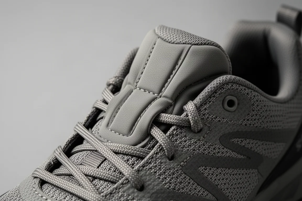 Close-up of a gusseted shoe tongue and lacing system on a trail shoe