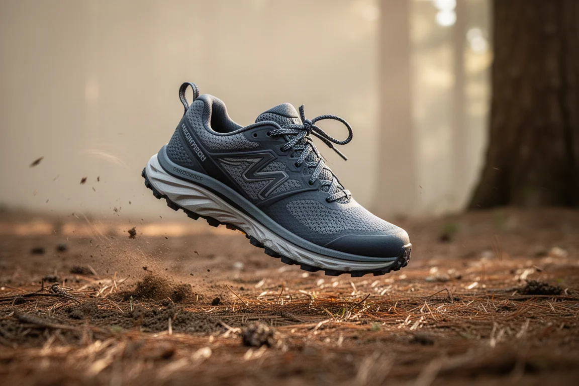 Runner's feet on a soft forest trail with a cushioned midsole in motion