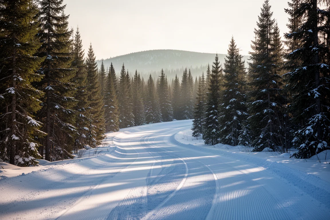 Groomed ski trail curving through evergreen trees in soft morning light