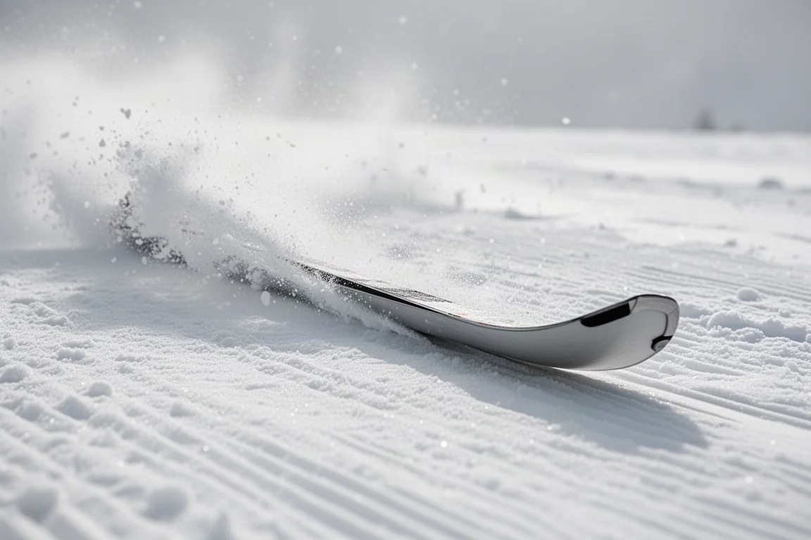 Close-up of a ski edge carving into groomed snow with a spray of snow